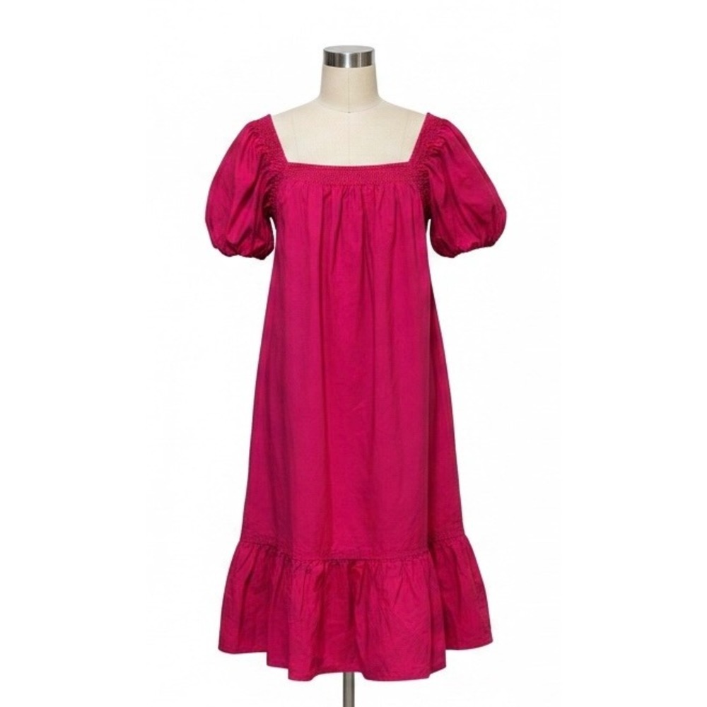 Margaux Riviera Puff Sleeve Cotton‎ Midi Dress Pink Small